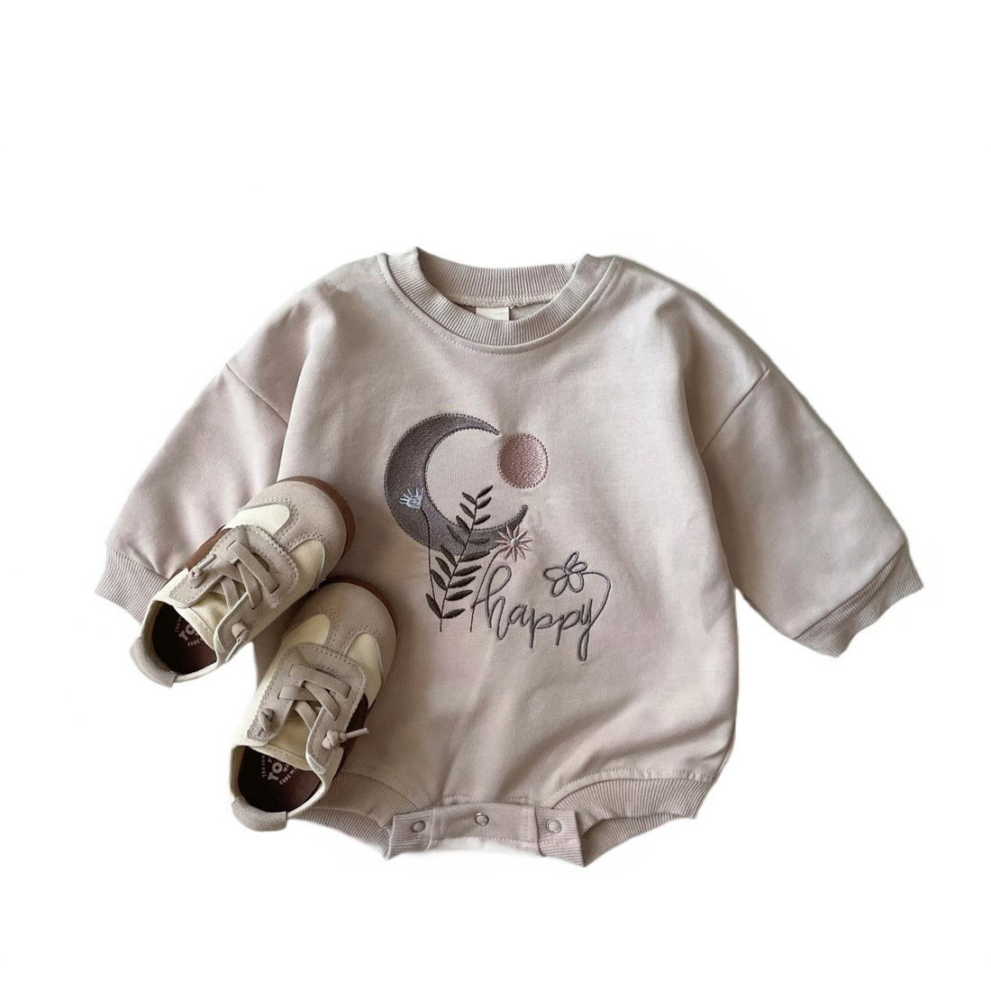 HAPPY Baby Embroidered Slogan Leaf Moon Sun Bodysuit