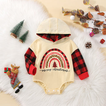 MERRY CHRISTMAS Baby Red Plaid Hooded Bodysuit