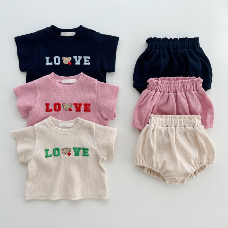 LOVE Baby Embroidered Bear Tee and Bloomers Set