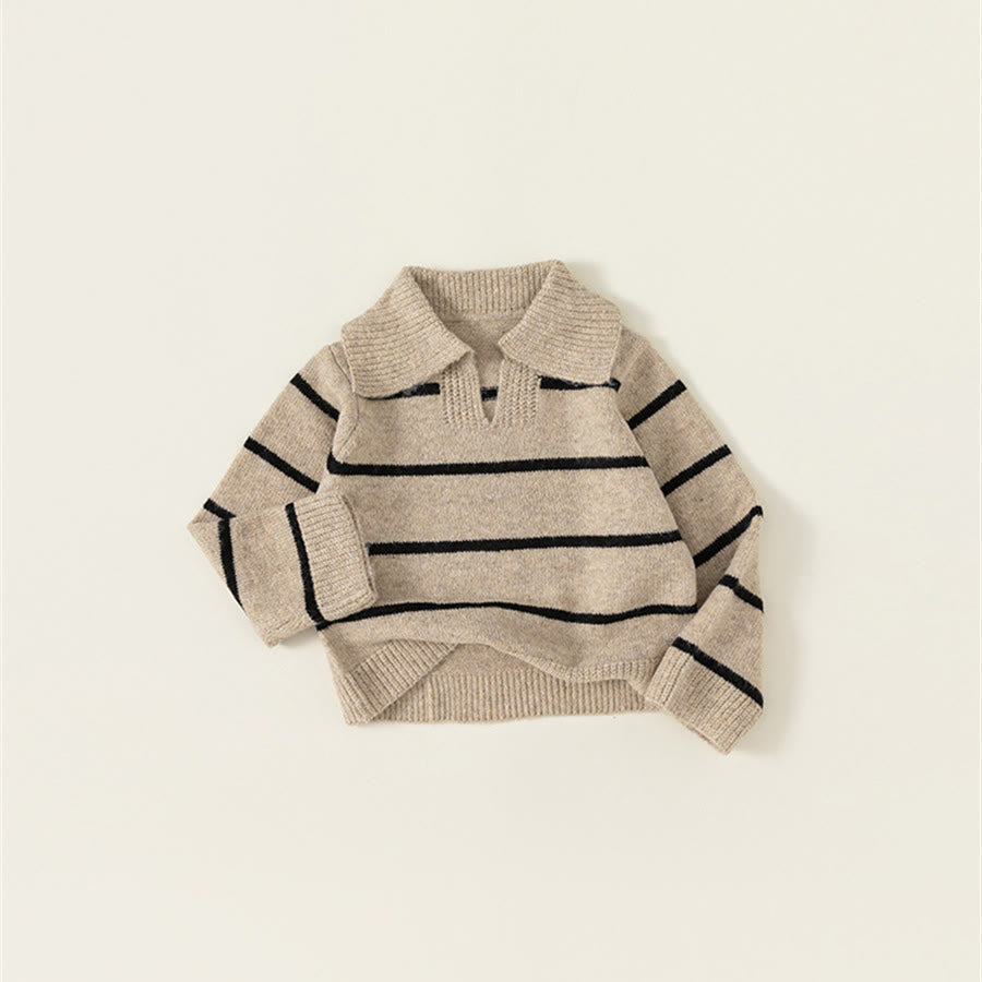 Toddler Lapels Khaki Broad-striped Knitted Casual Sweater