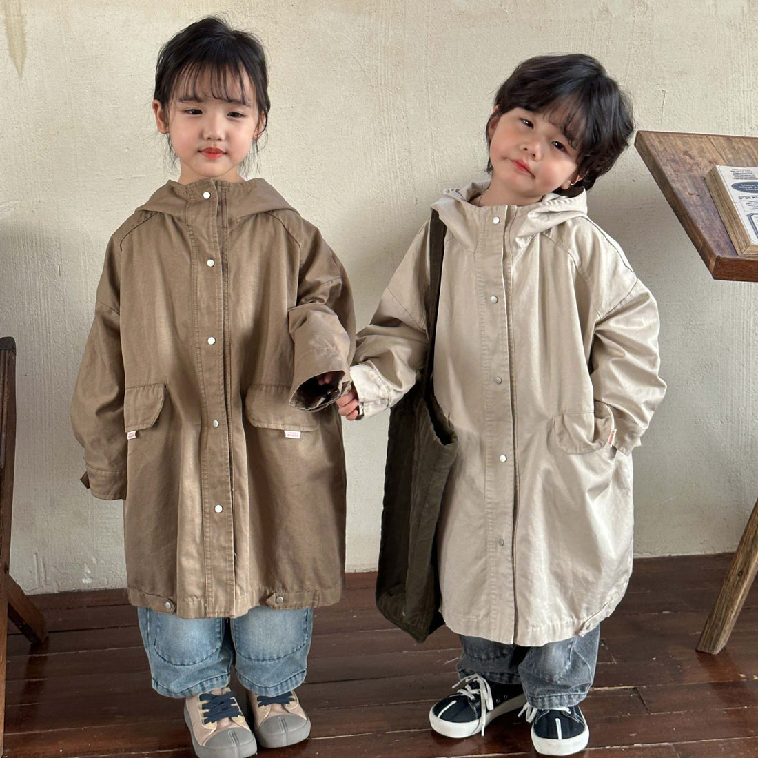 Toddler Long-style Earthy Solid Color Hooded Coat