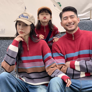 Family Matching Zip Collar Striped Sweater