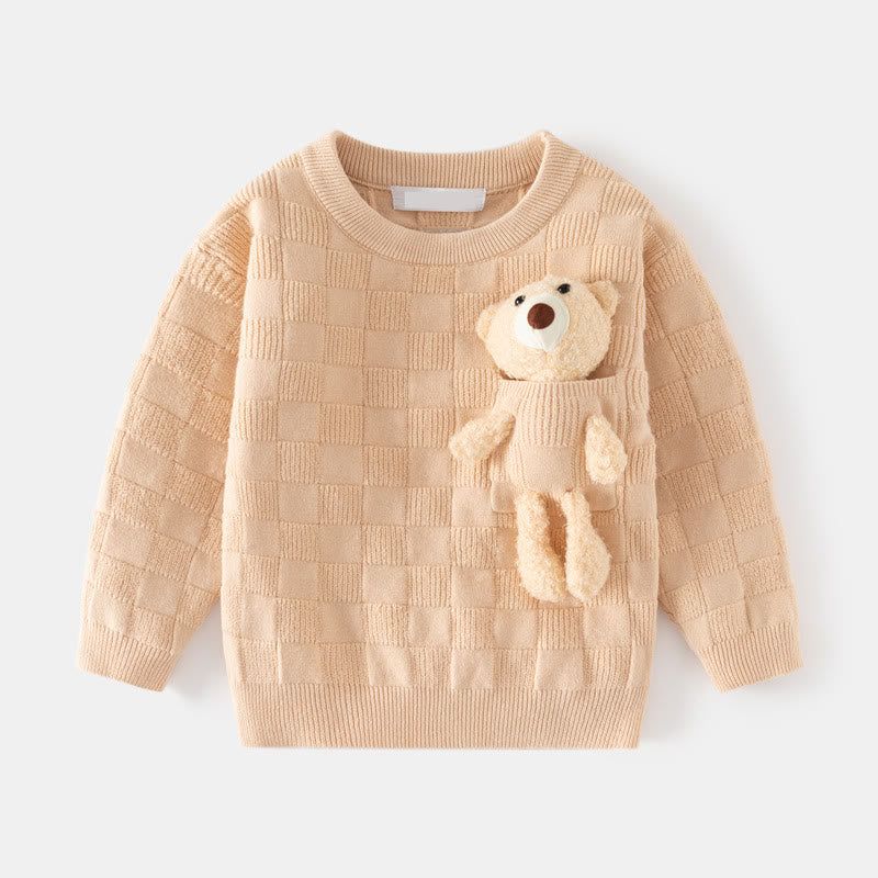 Toddler Bear Pocket Knitted Solid Color Sweater