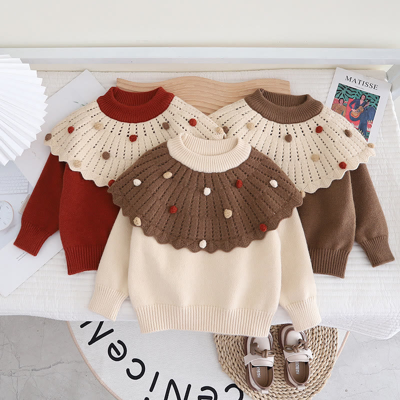 Toddler Girl Lapels 3D Hairball Knitted Sweater