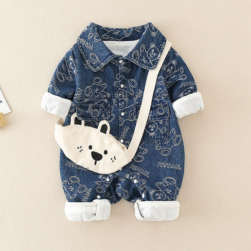 Baby Lapels Denim Teddy Slogan Romper with Bag