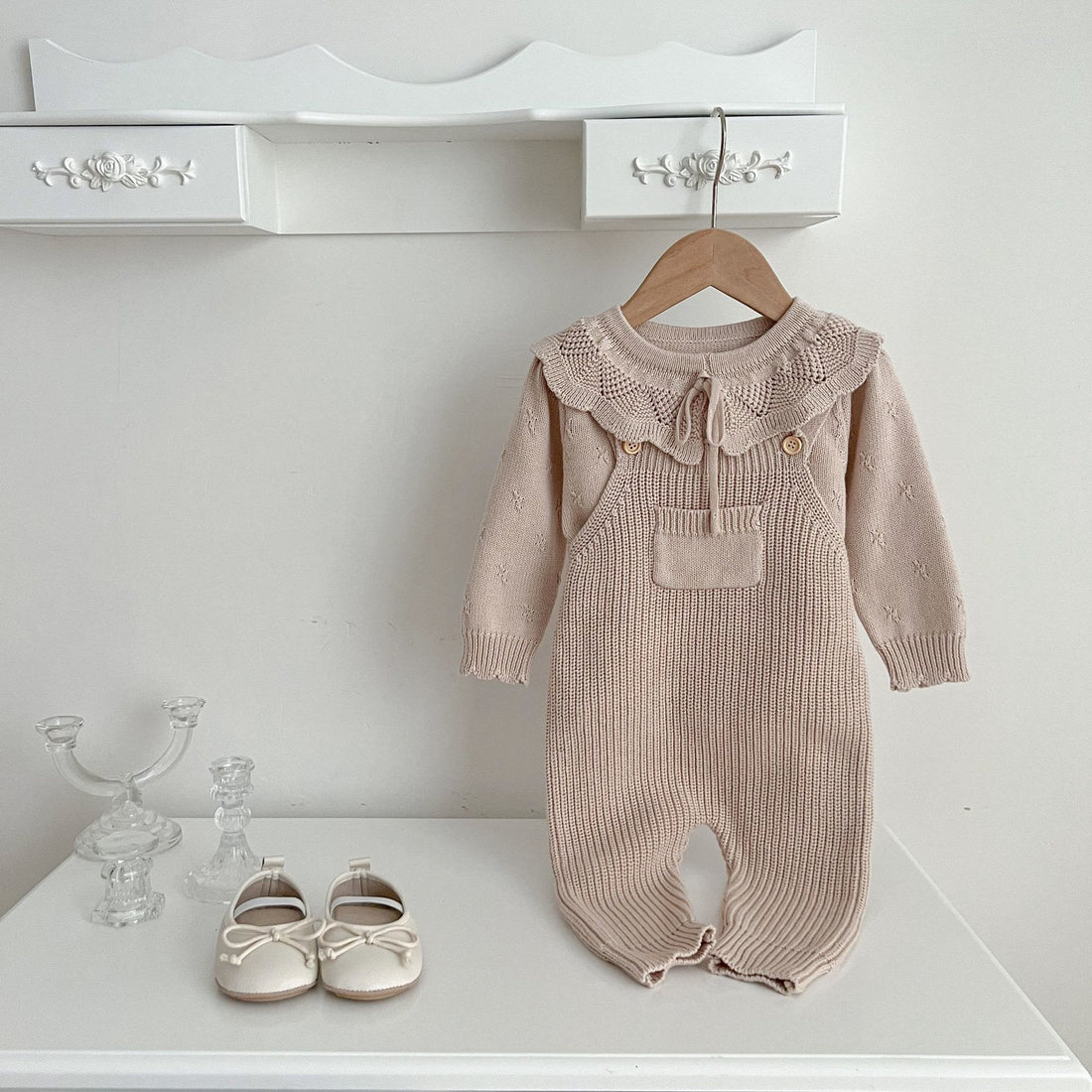 Baby Knitted Solid Color Beige Pocket Overalls