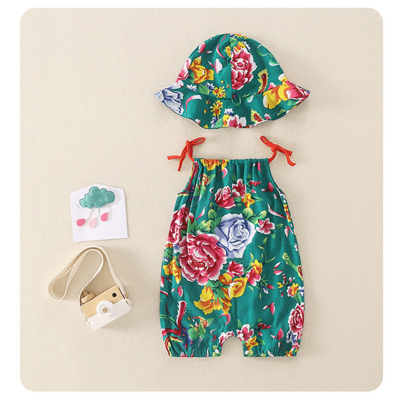 Baby Strap Flower Romper with Hat