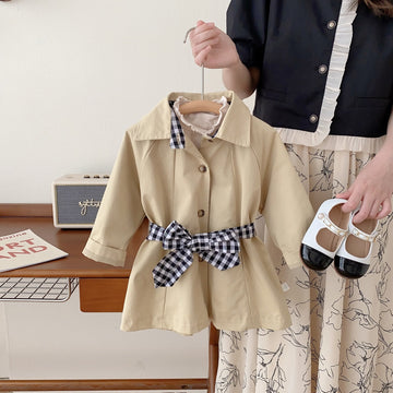 Toddler Girl Collar Plaid Khaki Coat with Belt