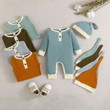 Baby Simple Ribbed Button Romper with Hat