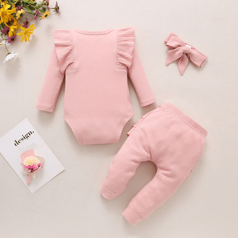 Baby Solid Color Ruffled Bodysuit Pant with Headband