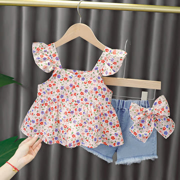 Baby Floral Ruffled Blouse and Denim Shorts Set