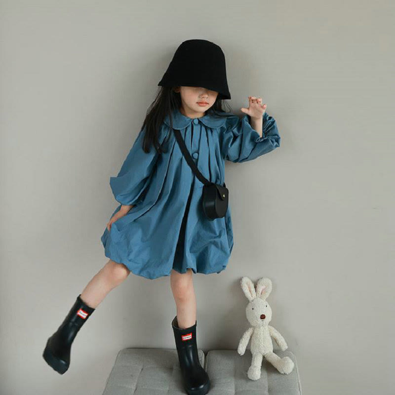 Toddler Girl Blue Puff Sleeves Collar Button Dress