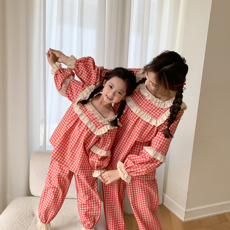 Mommy and Me Plaid Ruffled Pajamas Set