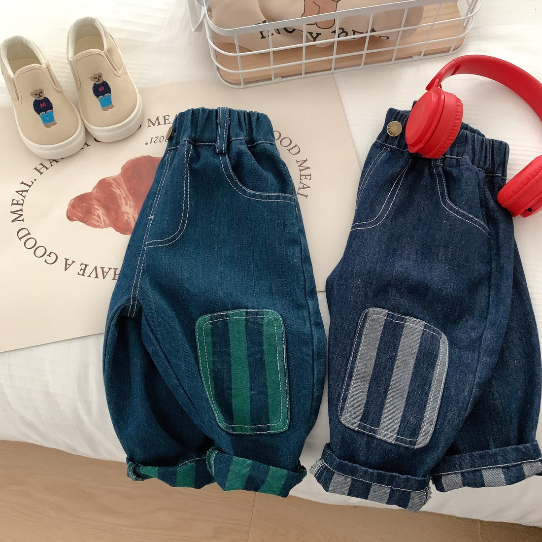 Toddler Boy Patch Striped Casual Denim Pants