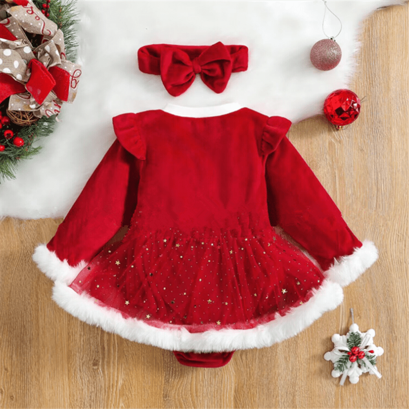 Baby Red Christmas Skirted Bodysuit with Headband