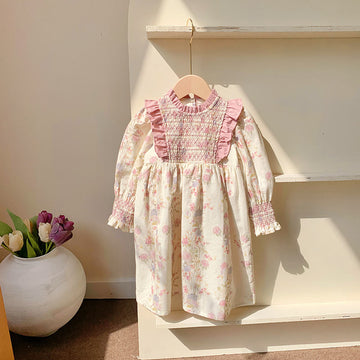 Toddler Girl Pleated Lace Retro Style Flower Dress