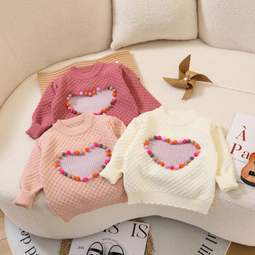 Toddler Girl Heart 3D Hairball Knitted Sweater