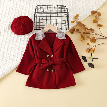 Toddler Girl Plaid Lapels Bow Coat with Hat