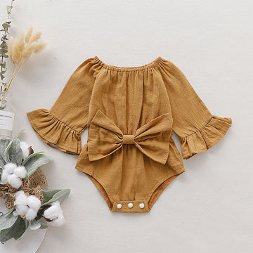 Baby Girls Bow Solid Color Ruffled Sleeve Bodysuit