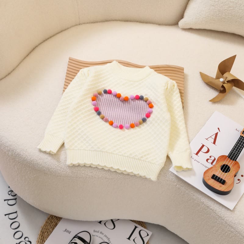 Toddler Girl Heart 3D Hairball Knitted Sweater