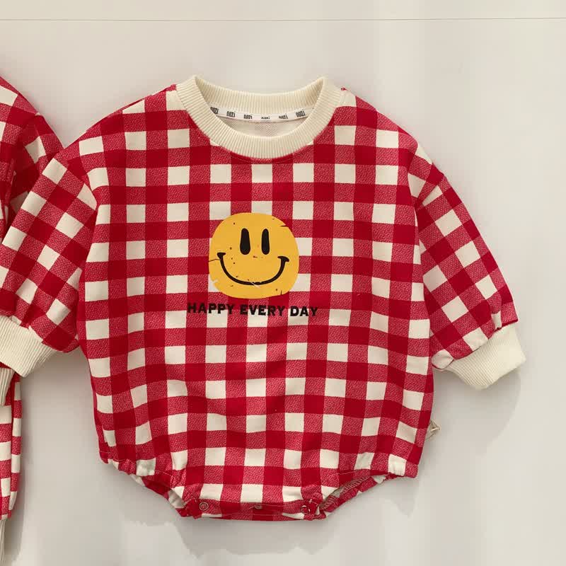 HAPPY EVERY DAY Baby Smiley Plaid Bodysuit