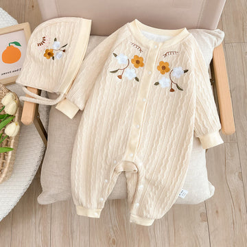 Baby Flower Embroidered Romper with Bonnet