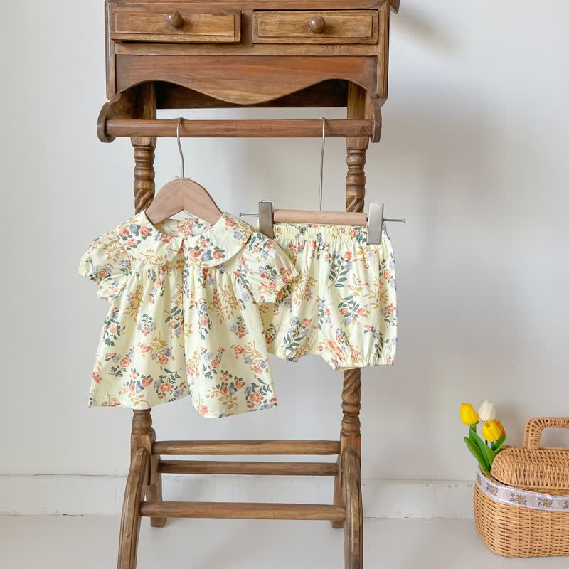 Baby Lapel Floral Blouse and Bloomers Set