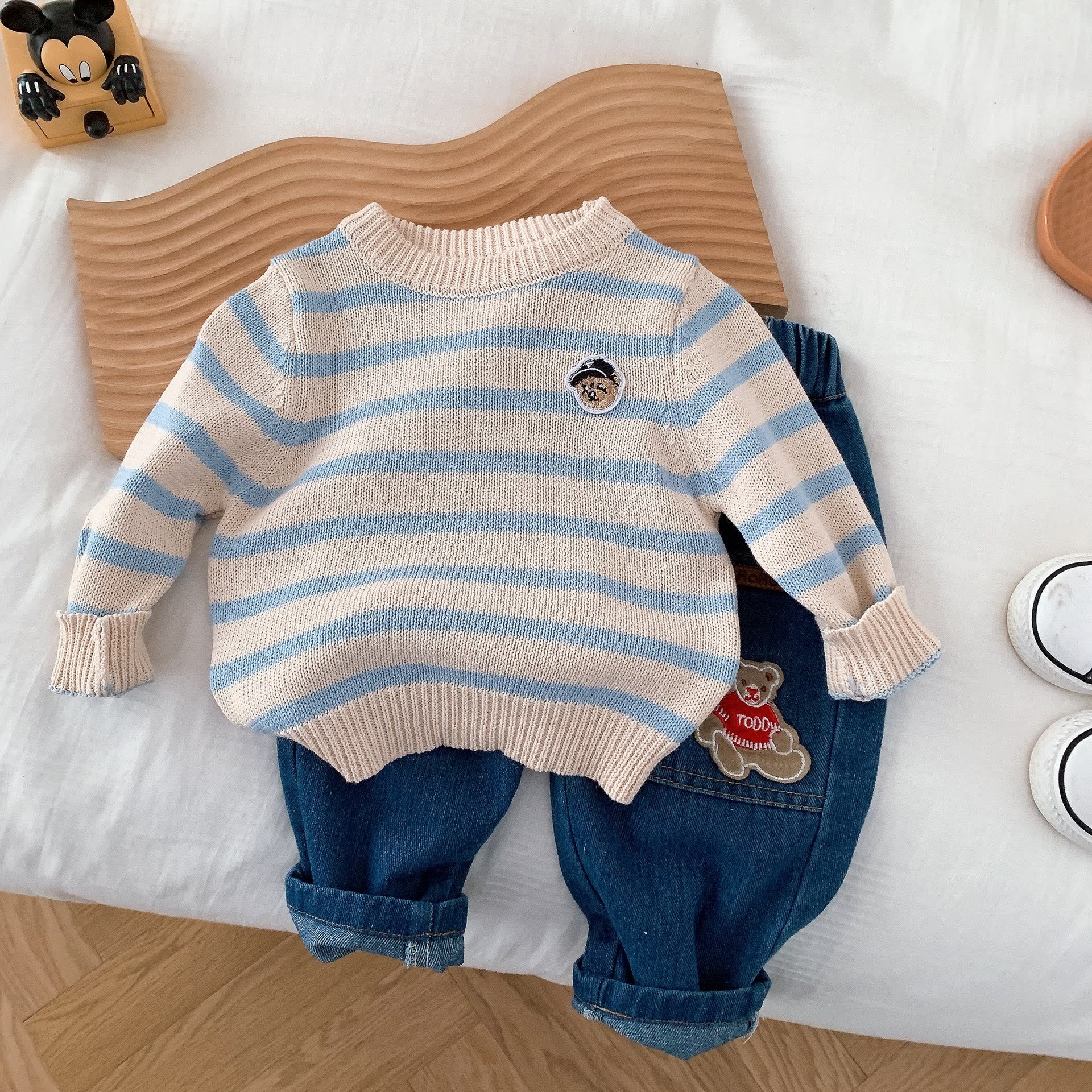 Baby Toddler Blue Striped Patch Bear Knitted Sweater