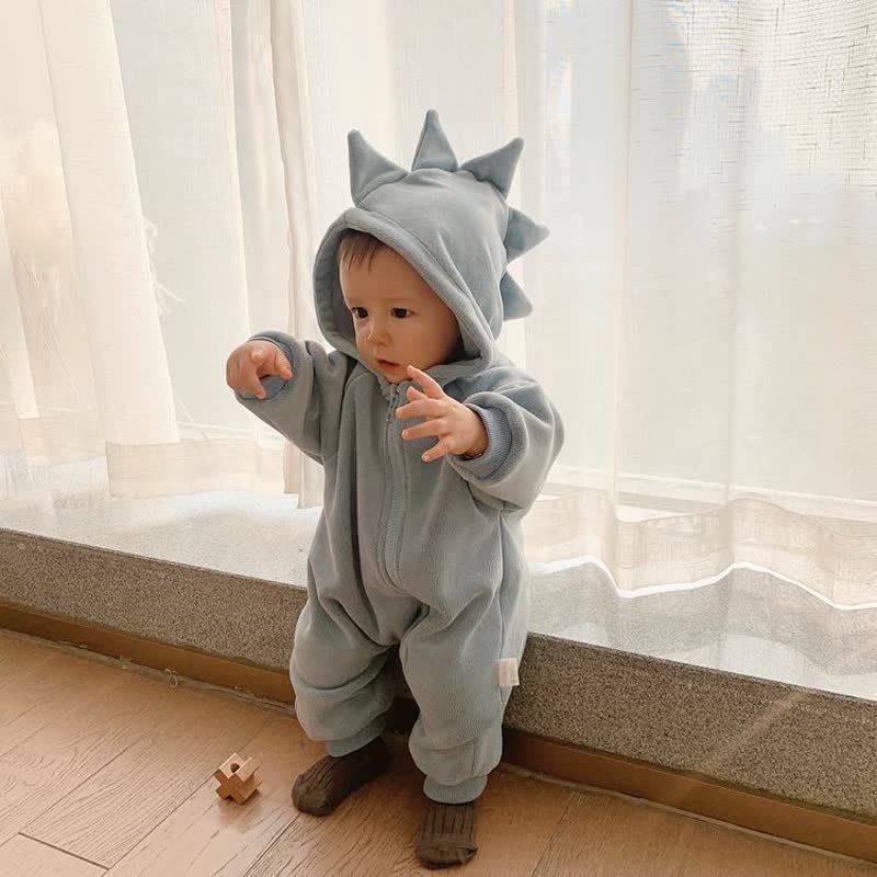 Baby Dino Warm Solid Color Hooded Casual Romper