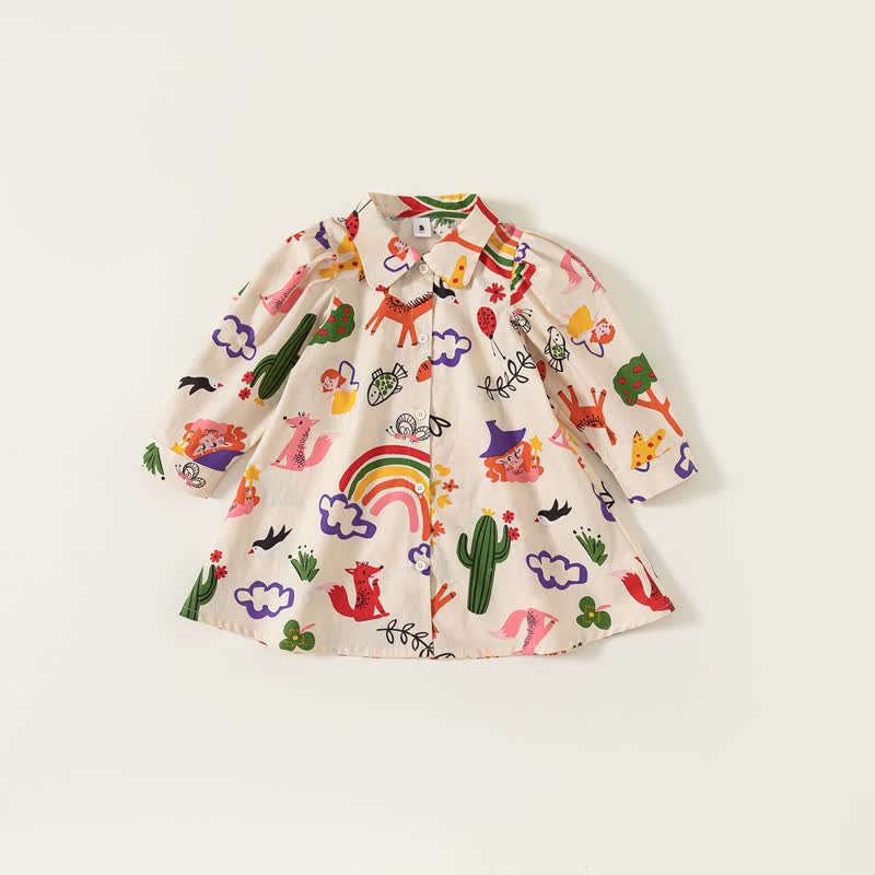 Toddler Girl Rainbow Cactus Lapel Collar Dress