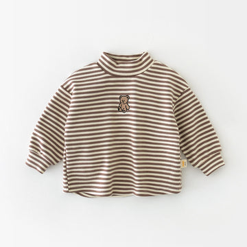 Baby Striped Embroidered Bear High Collar T-shirt