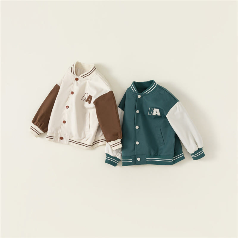 A Toddler Contrast Sleeves Button Letter Baseball Coat