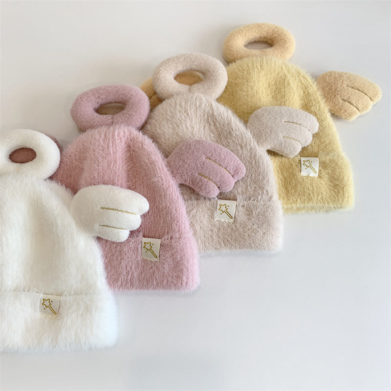 Baby Cream Lovely Angel 3D Wing Thermal Fuzzy Beanie