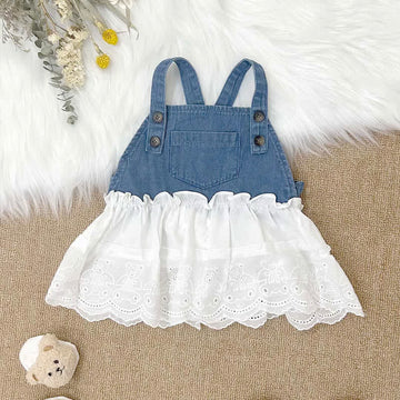 Baby Embroidered Bear Denim Splicing Dress