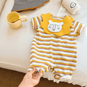 Baby Striped Romper with Lion Bib