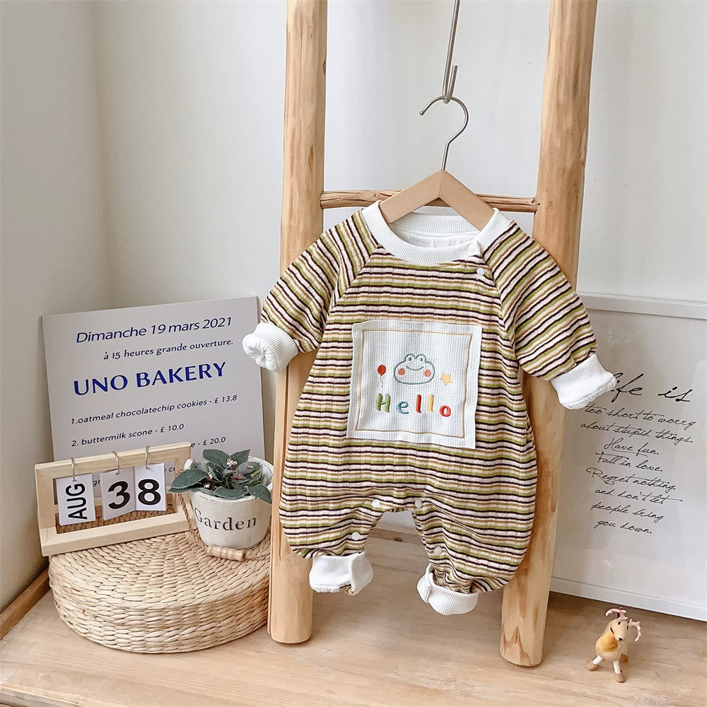 HELLO/ HAPPY Baby Animal Patch Striped Romper