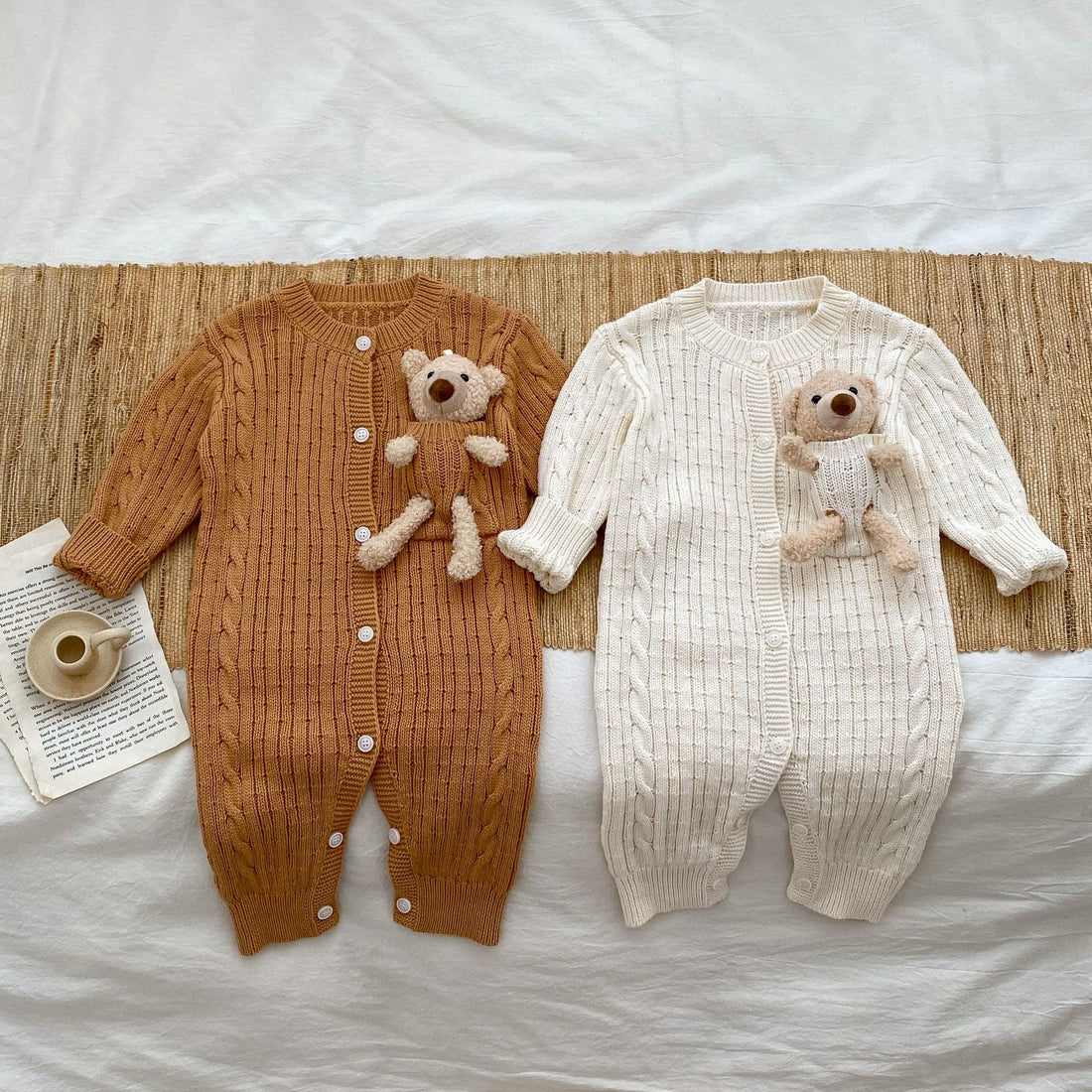 Baby Knitted Solid Color Romper with Bear Doll