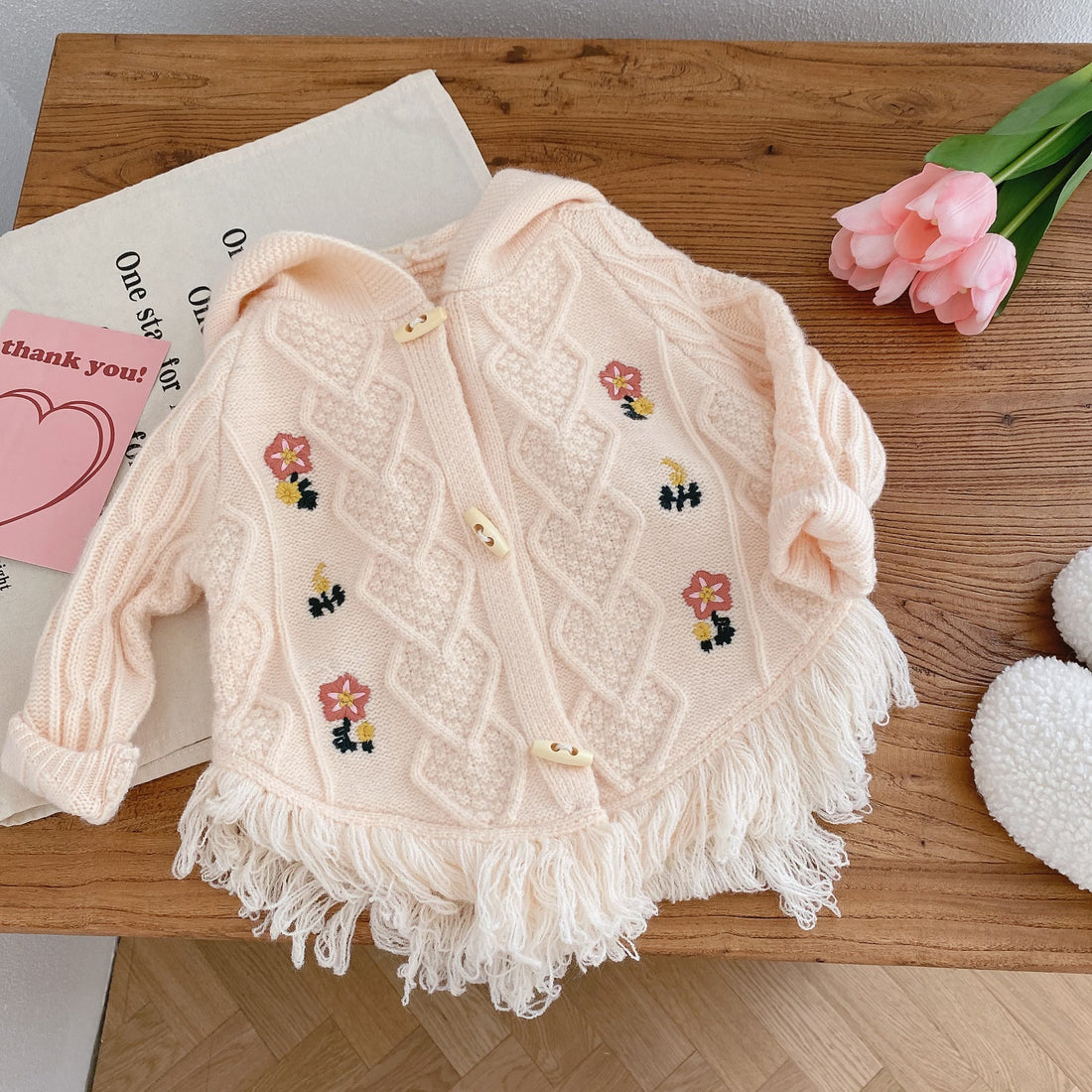 Toddler Embroidered Flower Tassels Hooded Cardigan