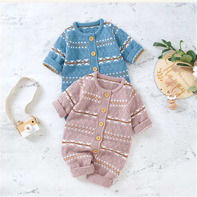 Baby Button Diamond Knitted Retro Style Romper