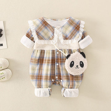 Baby Lapels Plaid Romper with Panda Bag