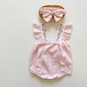 Baby Flower Plaid Ruffled Overalls with Headband