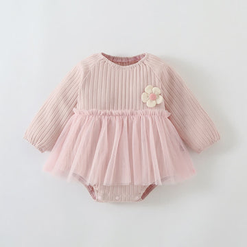 Baby Flower Ribbed Stitching Mesh Newborn Bodysuit