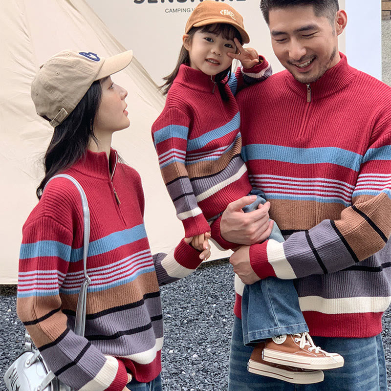 Family Matching Zip Collar Striped Sweater