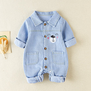 Baby Bear Lapel Collar Denim Romper