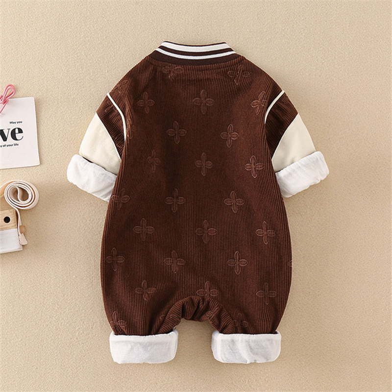 Baby Slogan Brown Corduroy Color Block Romper