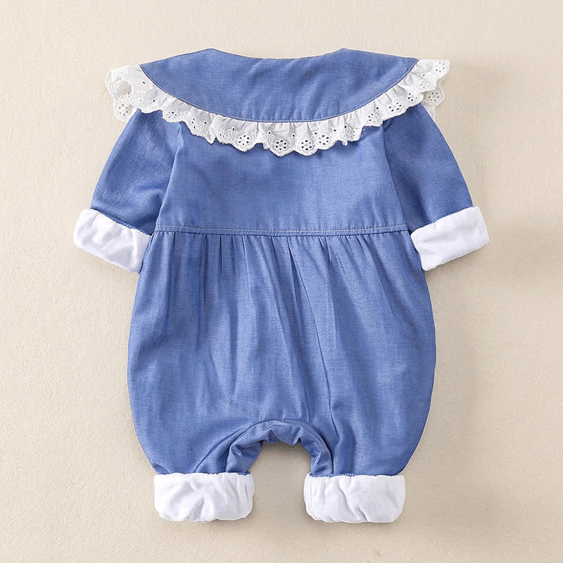 Baby Flower Lace Collar Denim Romper