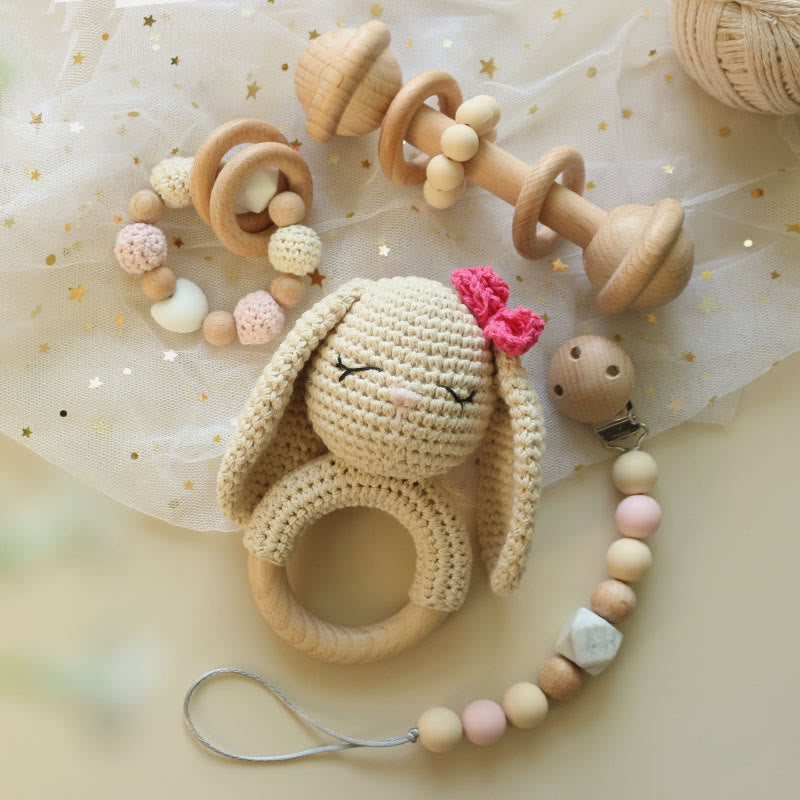 Baby Wooden Crochet Bunny Rattle Toy