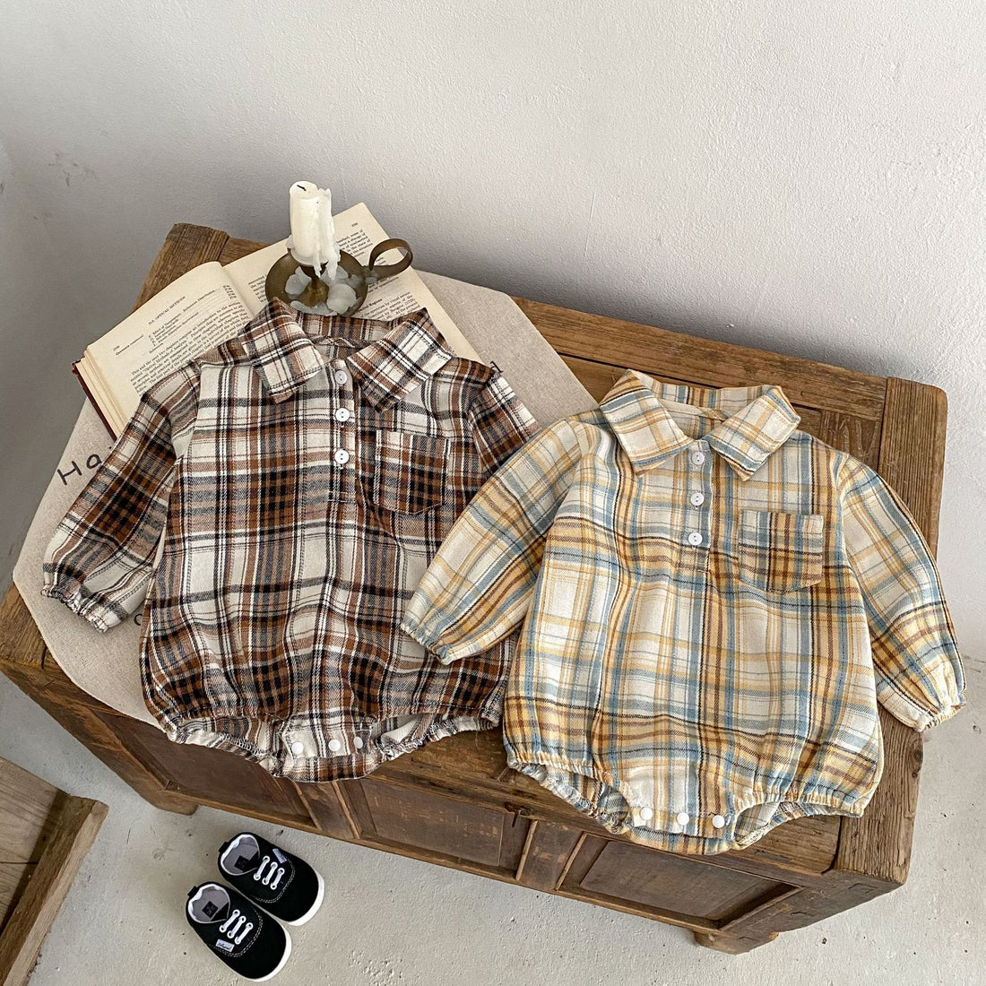 Baby Plaid Lapels Pocket Retro Style Bodysuit