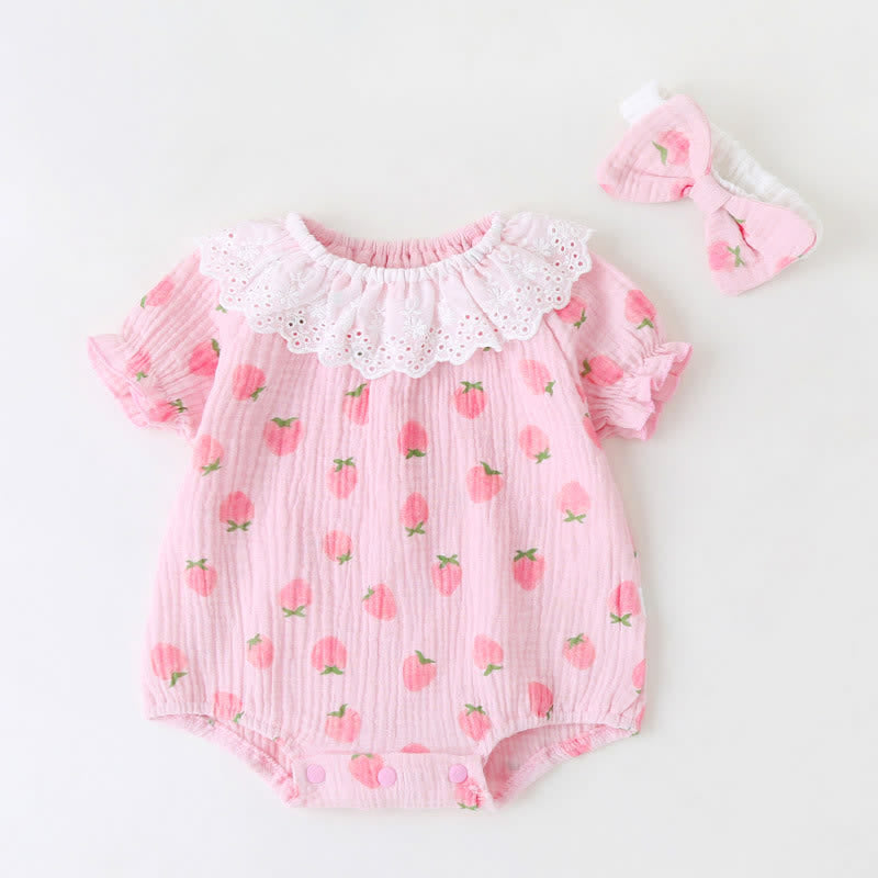 Baby Strawberry Flounce Bodysuit With Headband