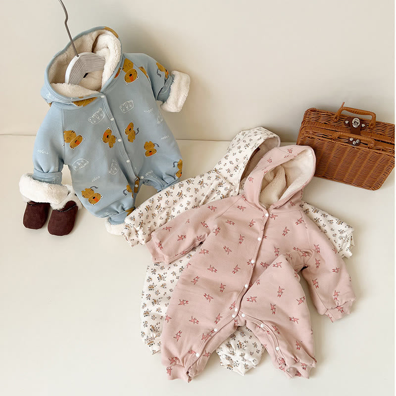 Baby Flower Animal Fleece Lined Hooded Romper